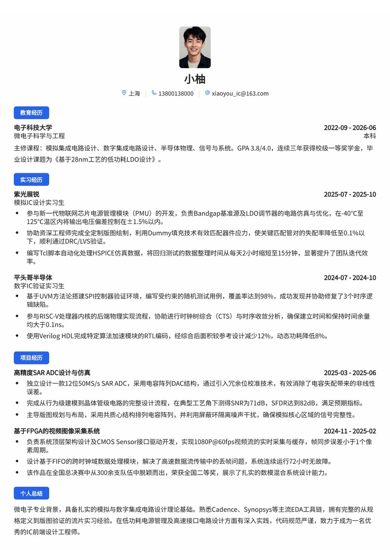 数字/模拟IC设计工程师简历模板（电子/半导体校招）简历模板预览