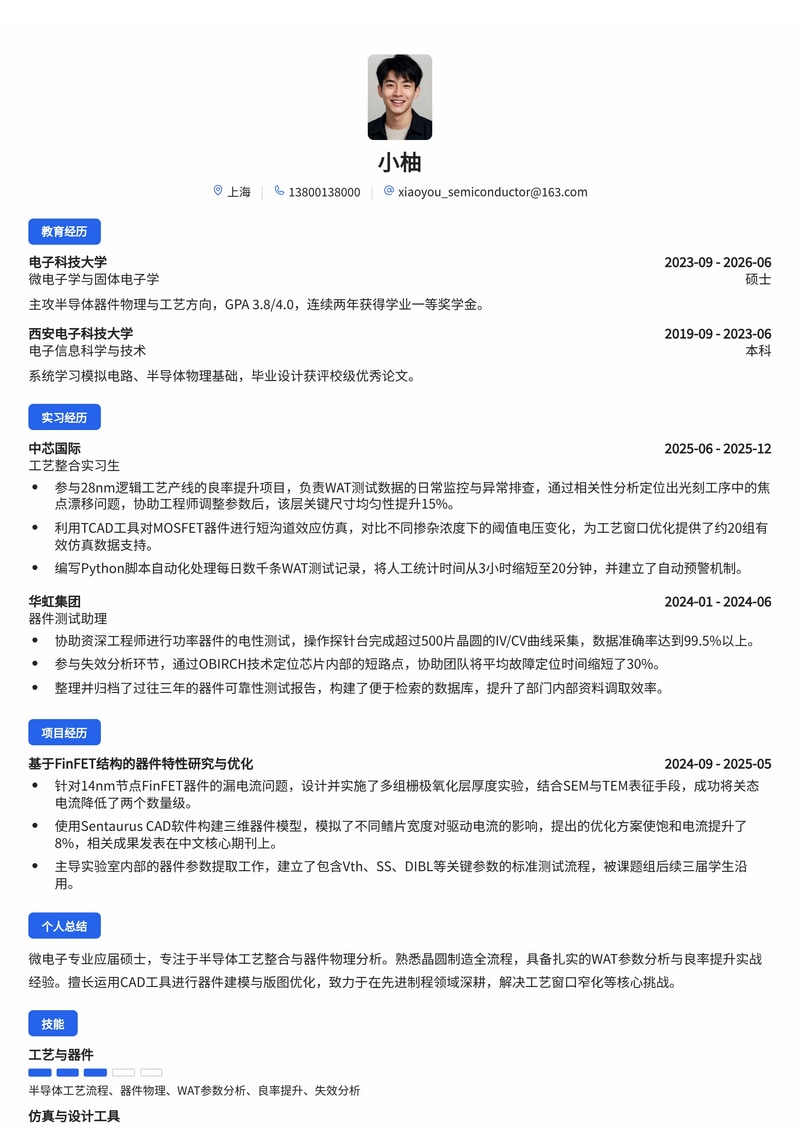 半导体工艺/器件工程师简历模板(电子/半导体校招)简历模板预览