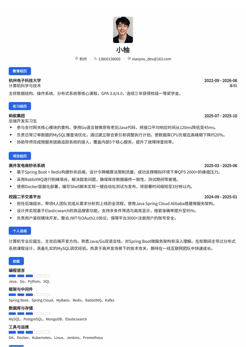 后端开发工程师简历模板（互联网/IT服务校招）简历模板预览