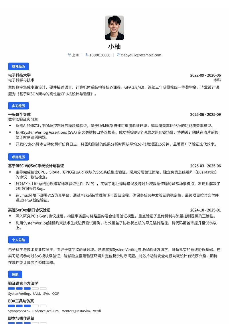 数字IC验证工程师简历模板（电子/半导体校招）简历模板预览