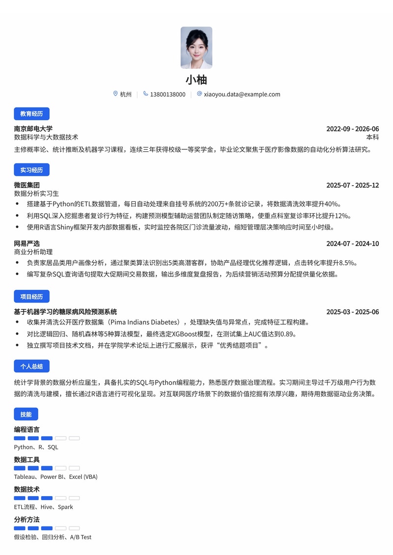 数据分析师简历模板(互联网/医疗科技校招)简历模板预览
