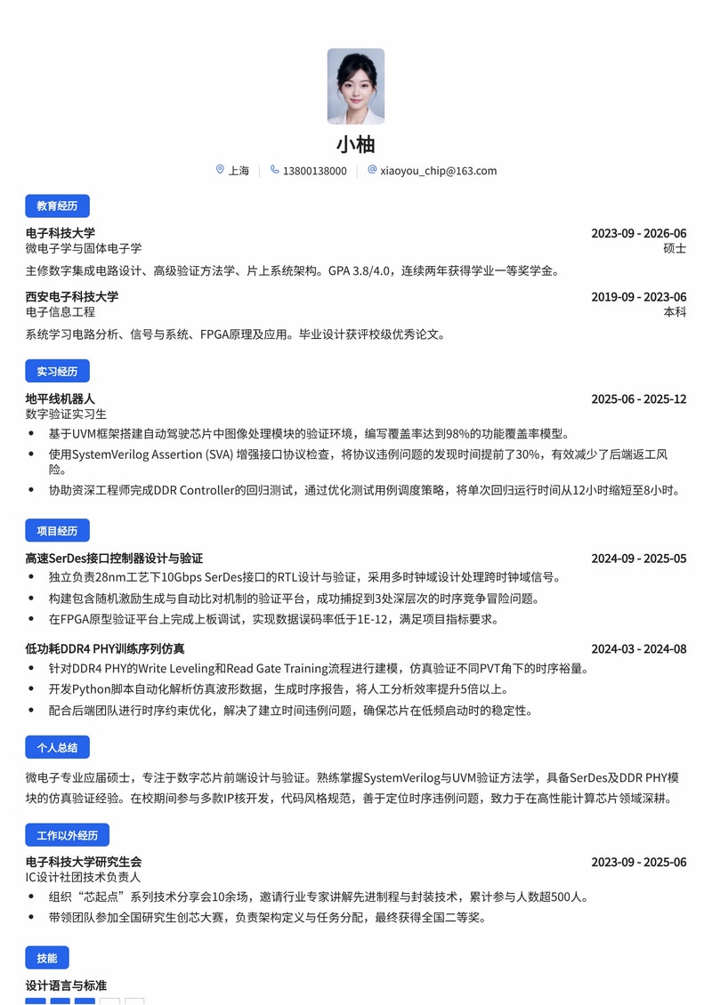 芯片设计与验证工程师简历模板(电子/半导体校招)简历模板预览