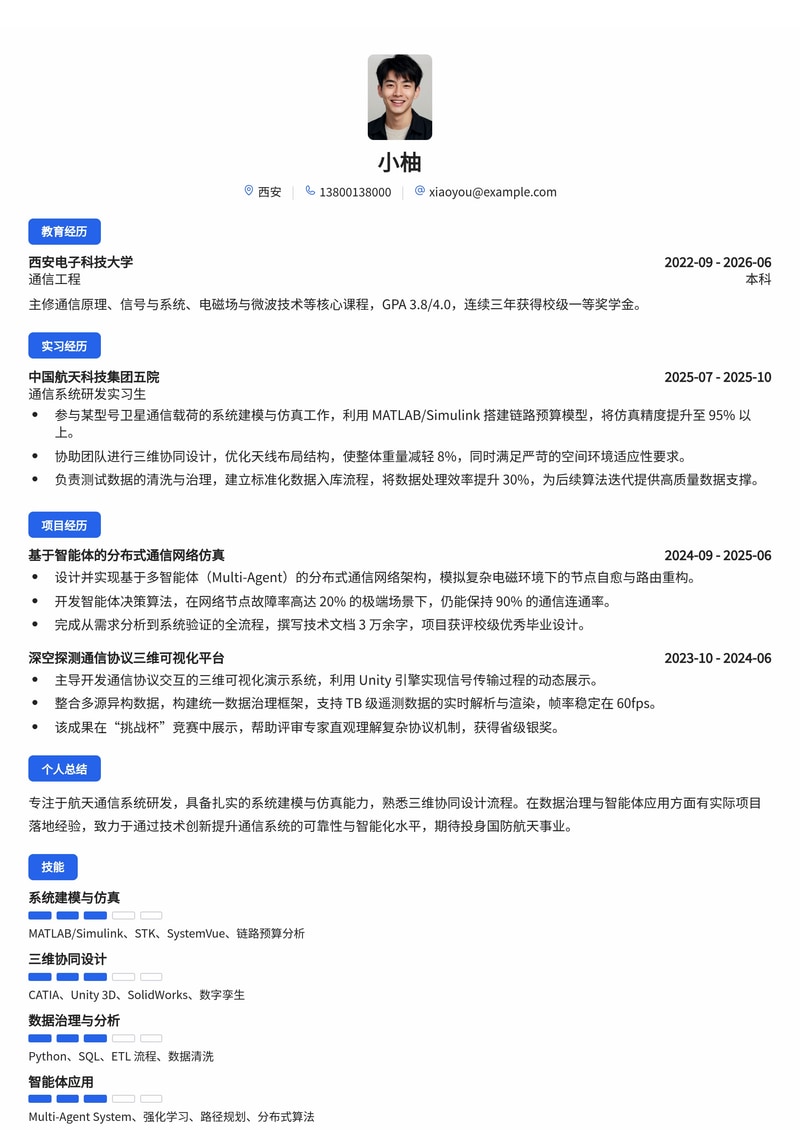 航天通信研发工程师简历模板(军工/航空航天校招)简历模板预览