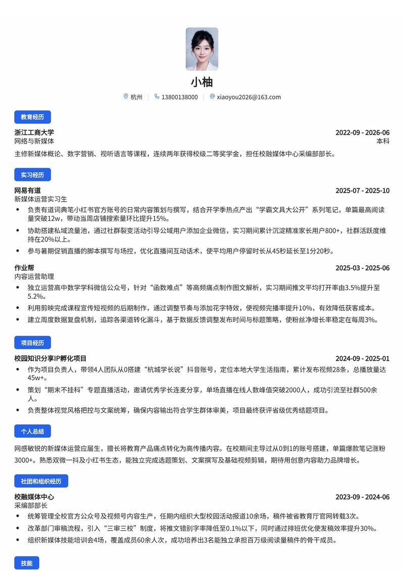 新媒体运营专员简历模板(互联网/教育培训校招)简历模板预览