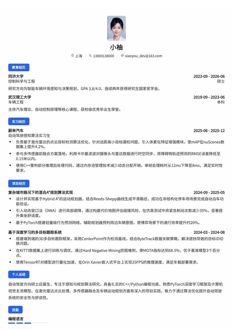 自动驾驶感知/规划算法工程师简历模板（人工智能/新能源汽车校招）简历模板预览