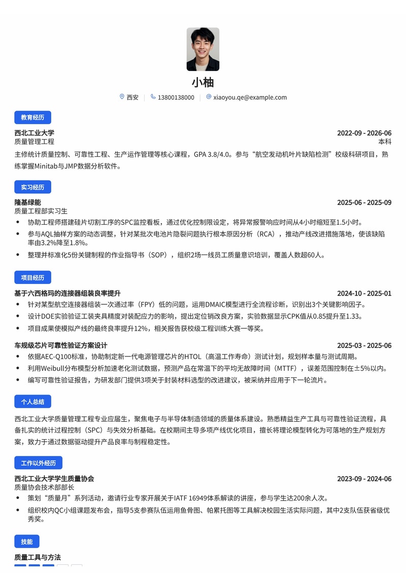 质量管理工程师校招简历模板(电子/半导体/航空航天)简历模板预览