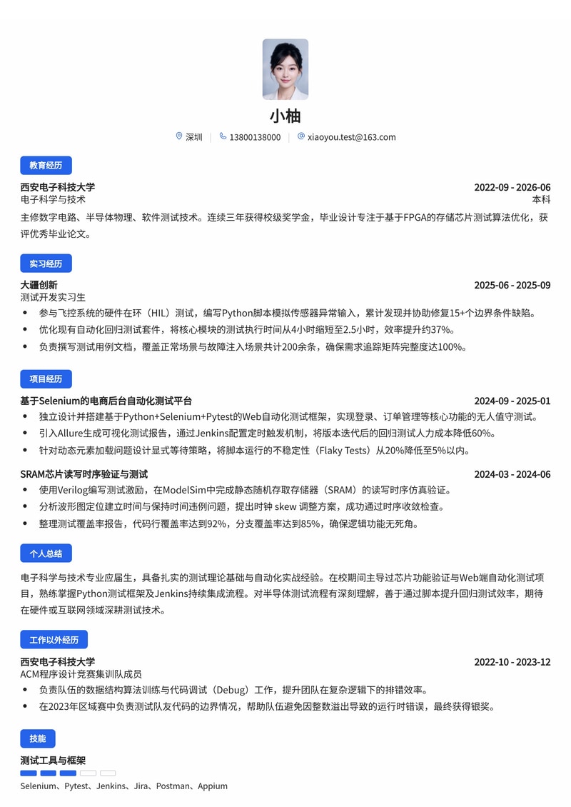测试工程师简历模板(电子/半导体/互联网校招)简历模板预览