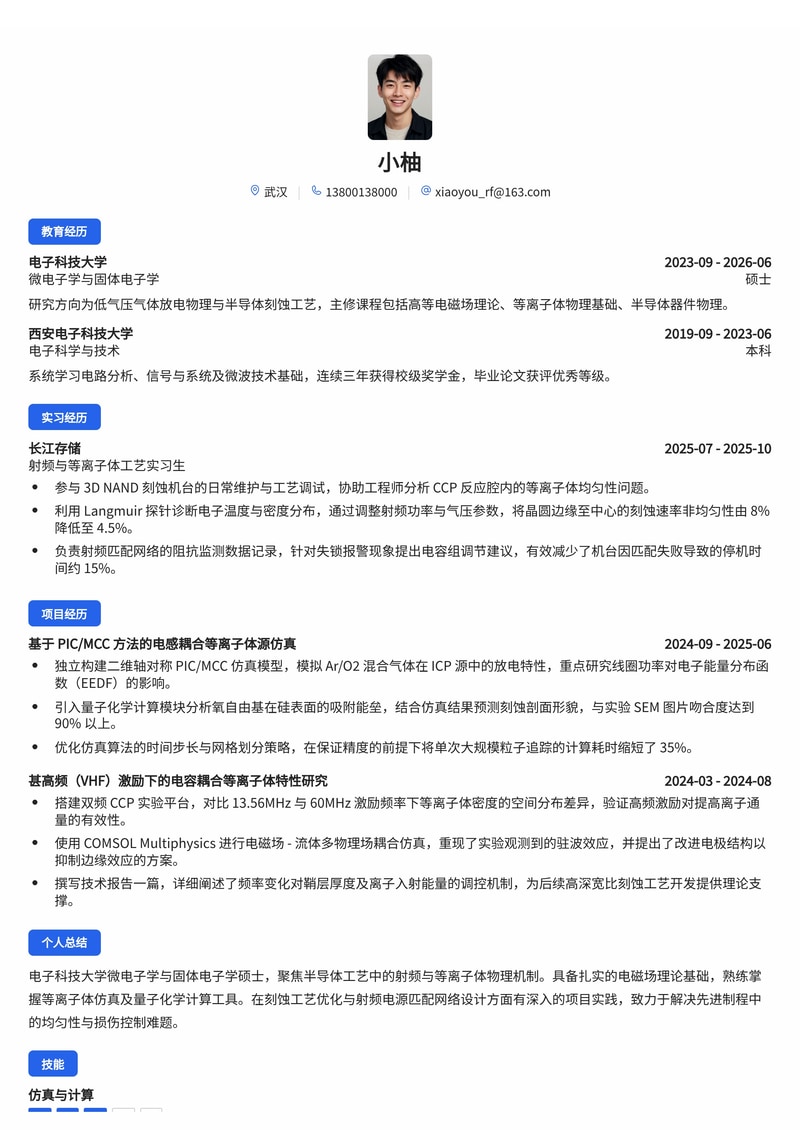 射频与等离子体工程师简历模板（半导体/电子校招）简历模板预览