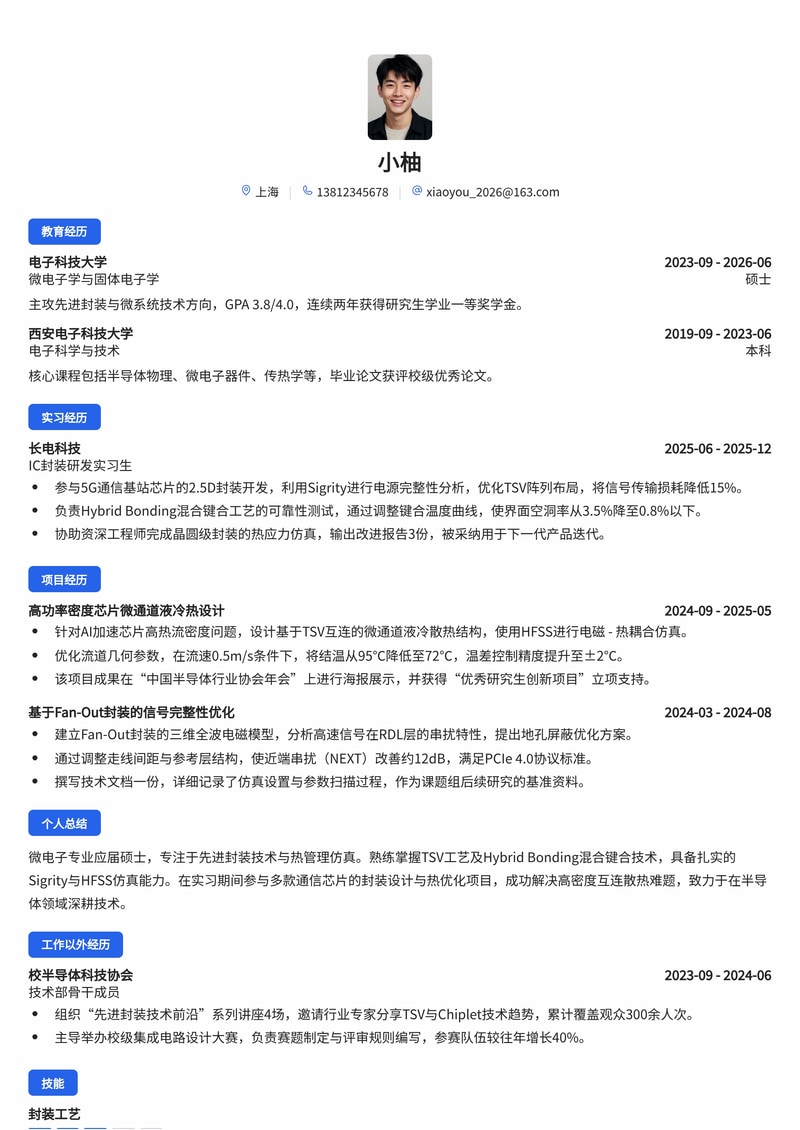 IC封装与热设计工程师简历模板（通信/半导体校招）简历模板预览