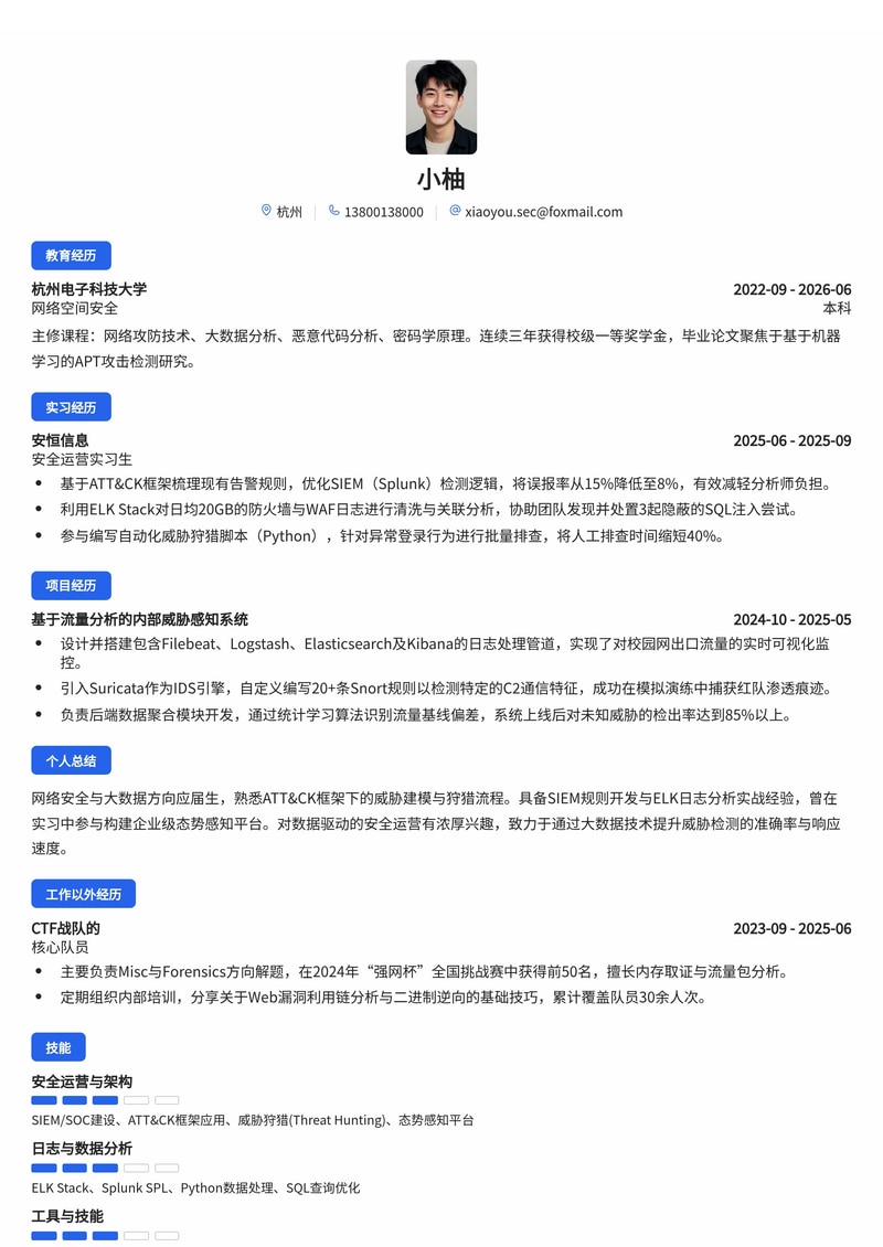 网络安全与大数据工程师简历模板（互联网/信息安全校招）简历模板预览