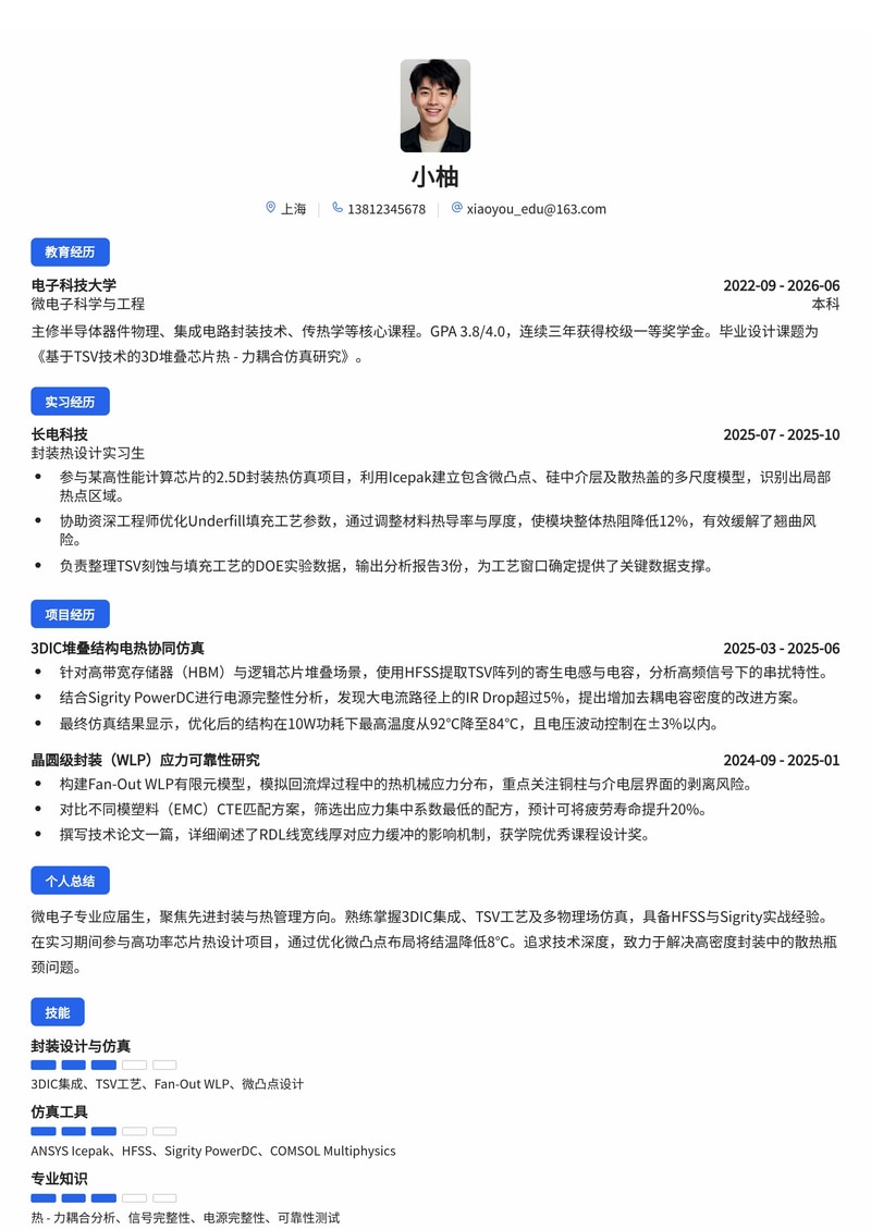 IC封装与热设计工程师简历模板（半导体封测/先进封装校招）简历模板预览