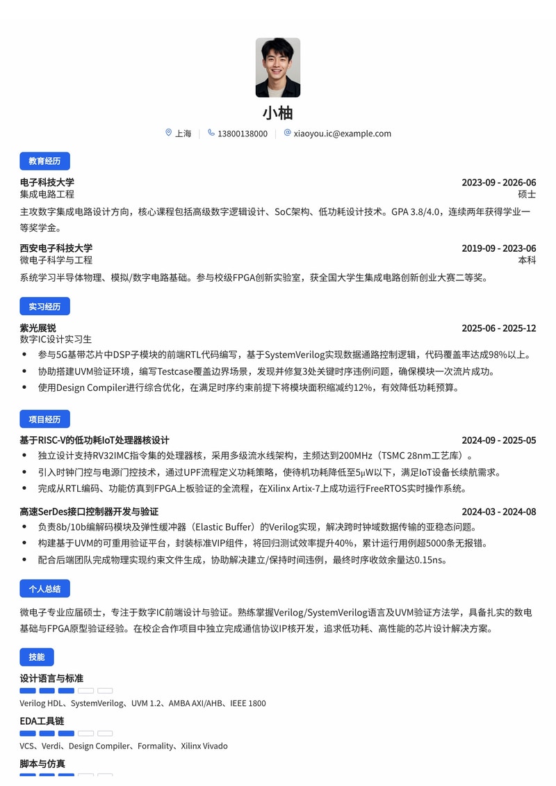 数字IC设计工程师简历模板（半导体/通信芯片校招）简历模板预览