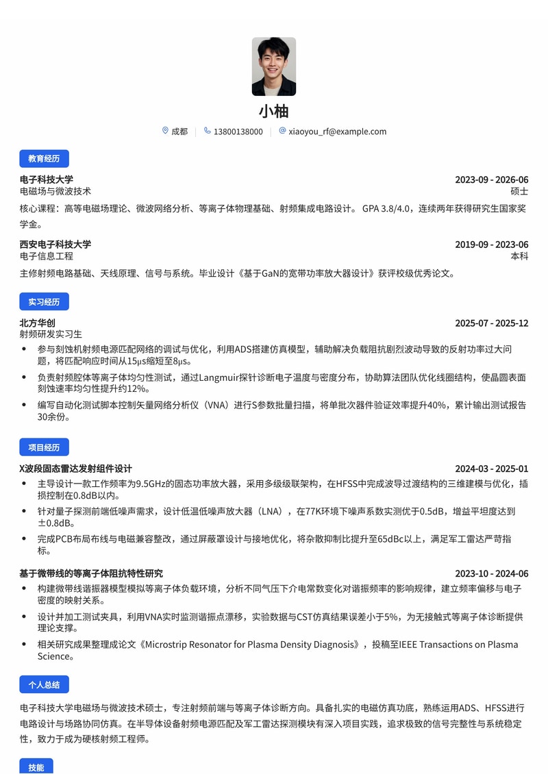 射频/微波工程师简历模板（半导体设备/军工雷达校招）简历模板预览