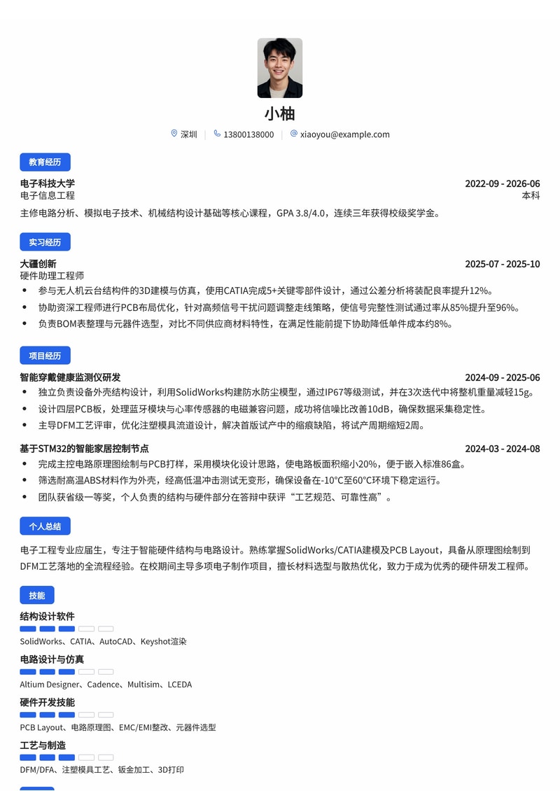结构/硬件工程师简历模板（电子制造/智能硬件校招）简历模板预览