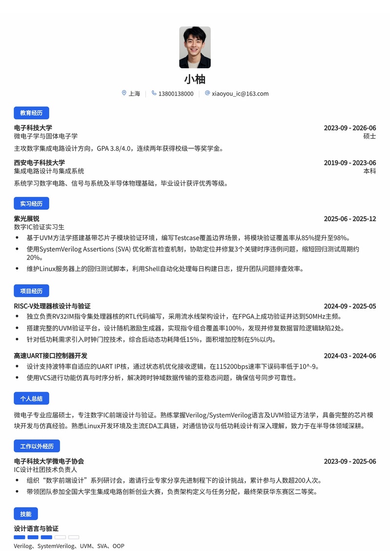 数字IC设计/验证工程师简历模板(半导体/通信芯片校招)简历模板预览