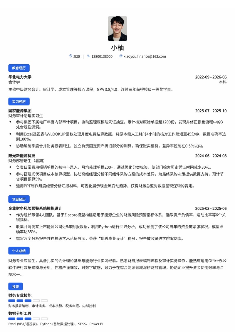 财务审计管培生简历模板（综合能源校招）简历模板预览