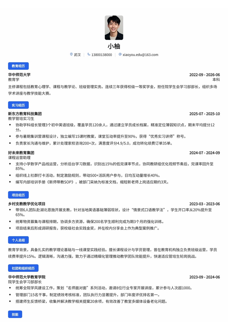 学科校长管培生简历模板(教育/培训校招)简历模板预览