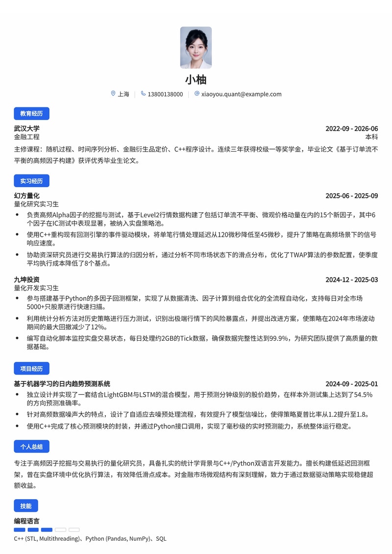 量化研究员简历模板(金融/量化投资校招)简历模板预览