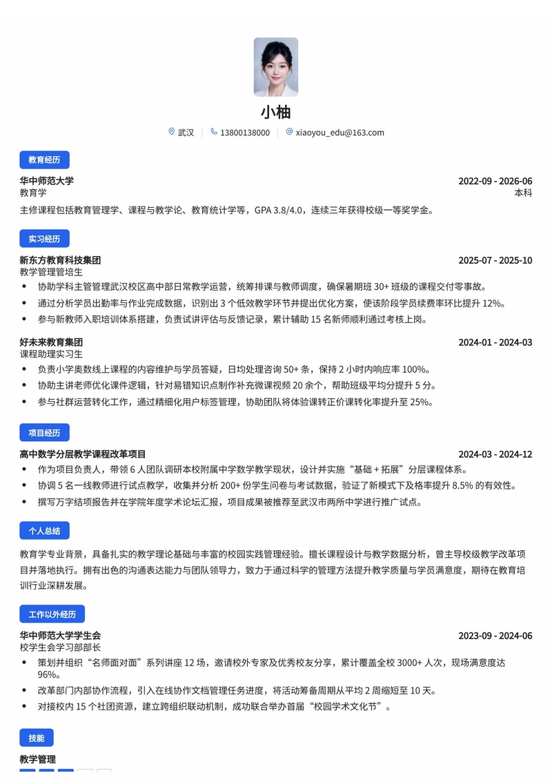 学科校长管培生简历模板(教育/培训校招)简历模板预览