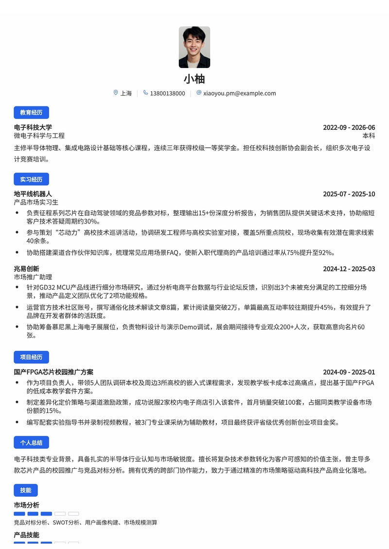 产品市场经理简历模板(半导体/高科技校招)简历模板预览