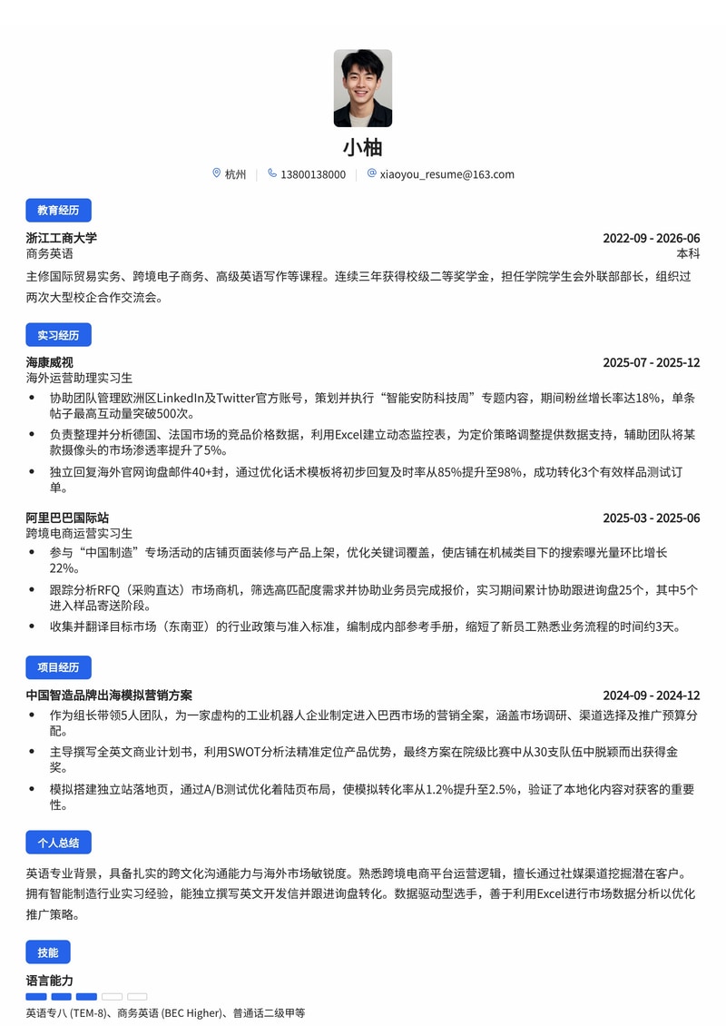 海外运营/外贸业务员简历模板(跨境电商/智能制造校招)简历模板预览