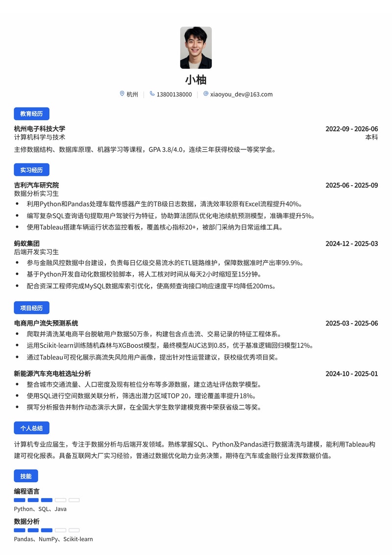 数据分析师/开发校招简历模板(互联网/汽车/金融)简历模板预览