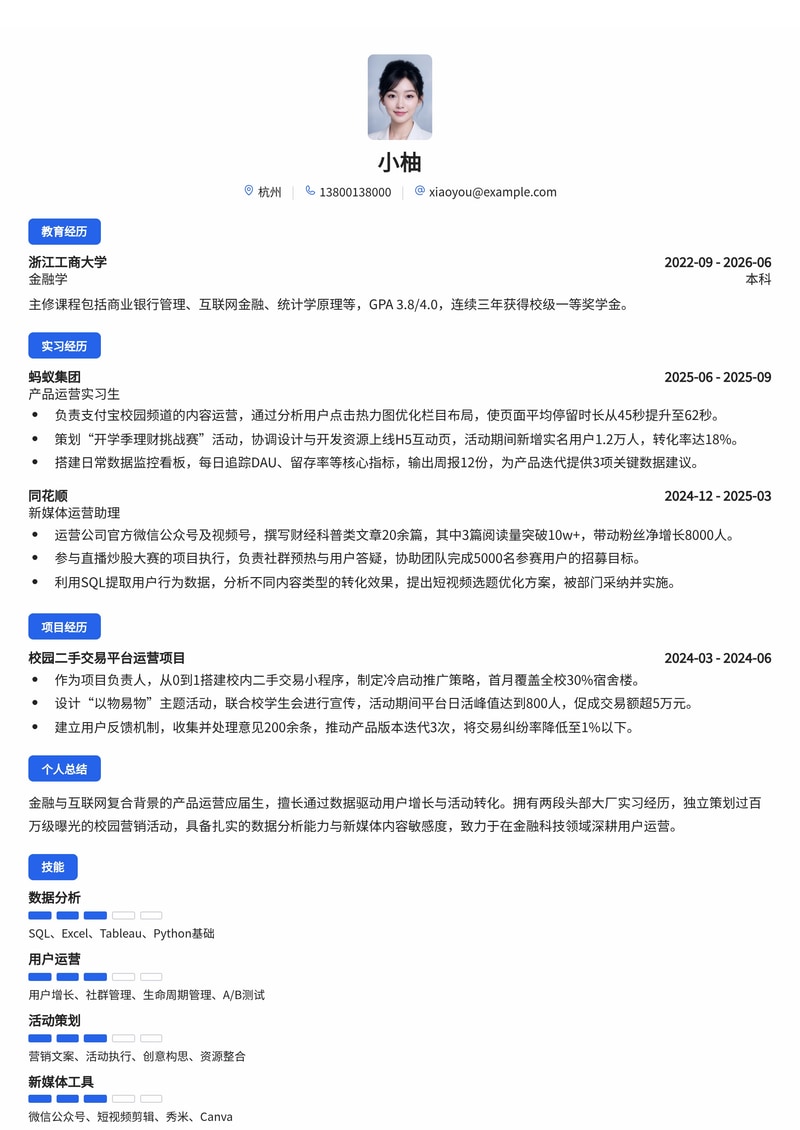 产品运营专员简历模板（金融/互联网校招）简历模板预览