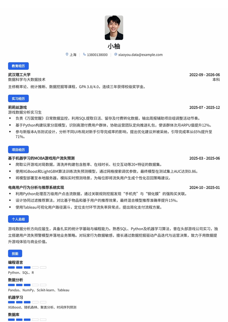 游戏数据分析师简历模板（游戏/互联网校招）简历模板预览