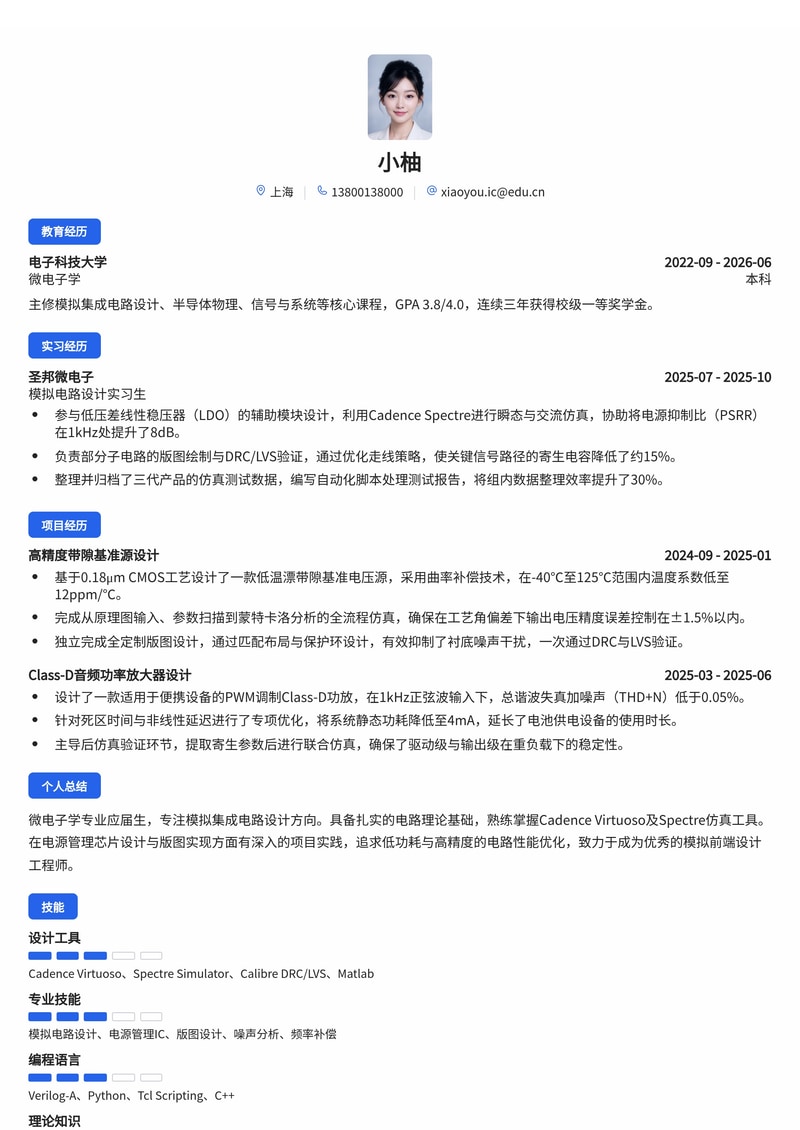 模拟电路设计工程师简历模板（半导体/集成电路校招）简历模板预览