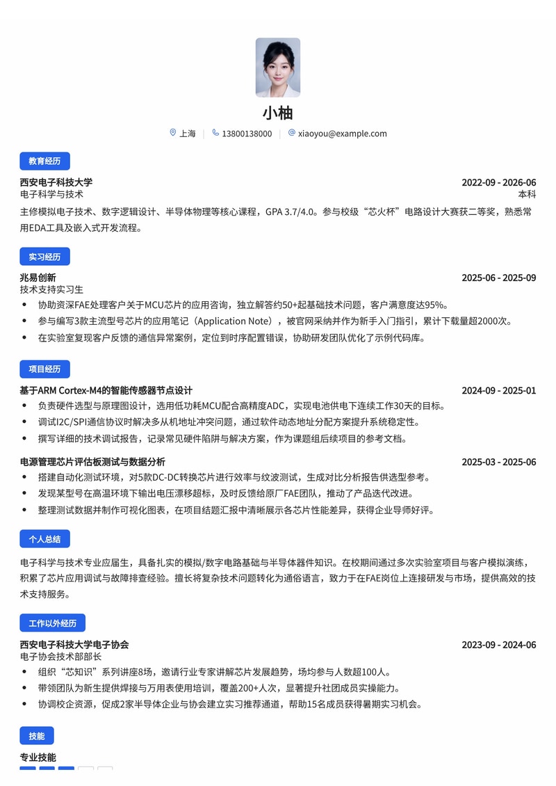 技术支持工程师(FAE)简历模板（半导体/专业服务校招）简历模板预览