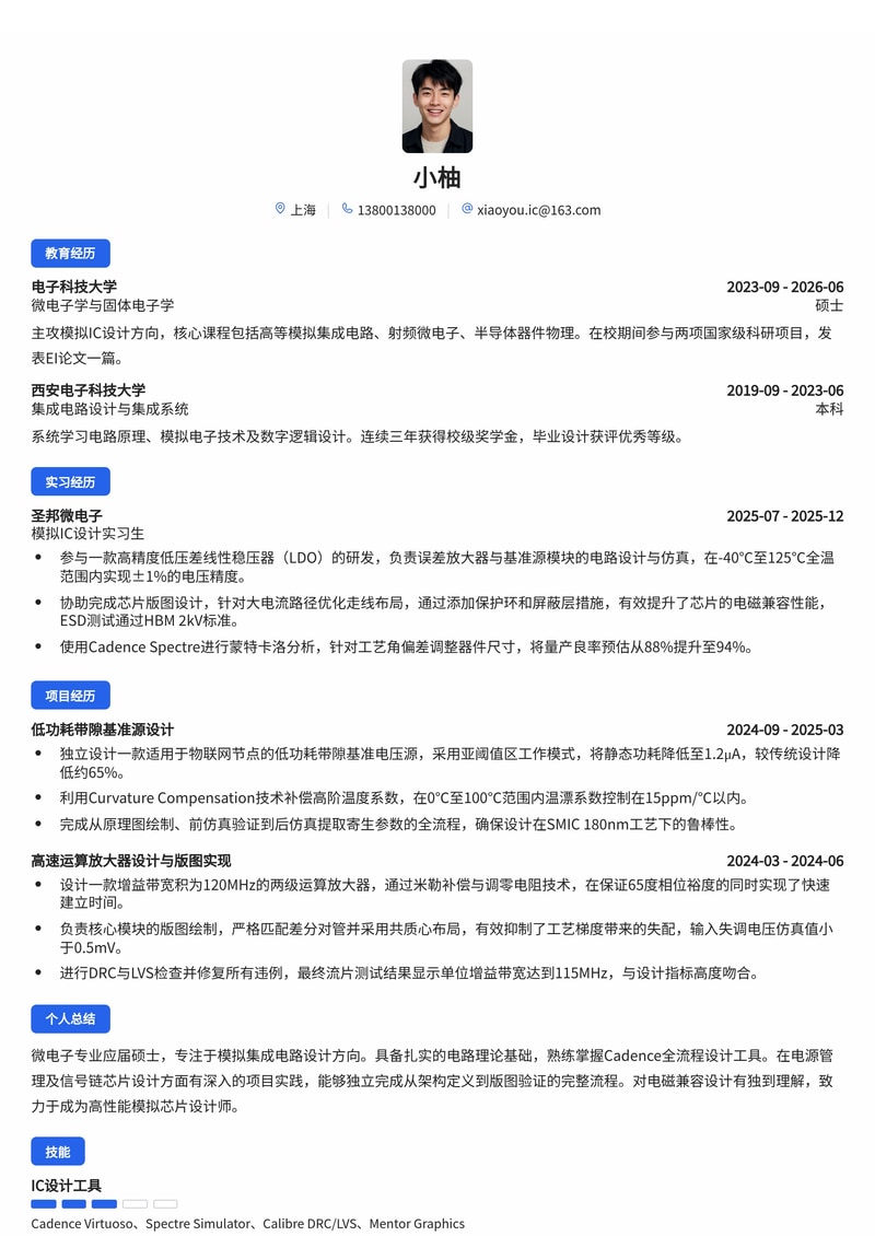 模拟IC设计工程师简历模板（电子/半导体校招）简历模板预览