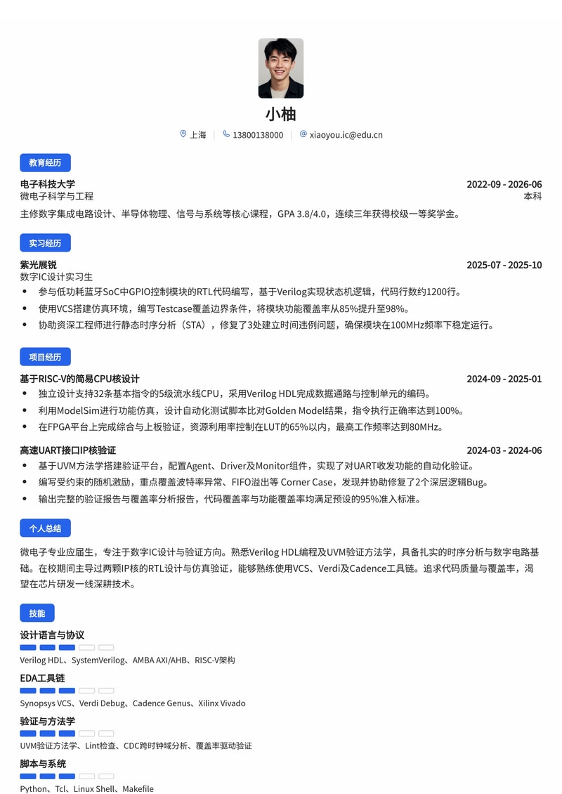 IC设计/验证工程师简历模板(半导体/集成电路校招)简历模板预览