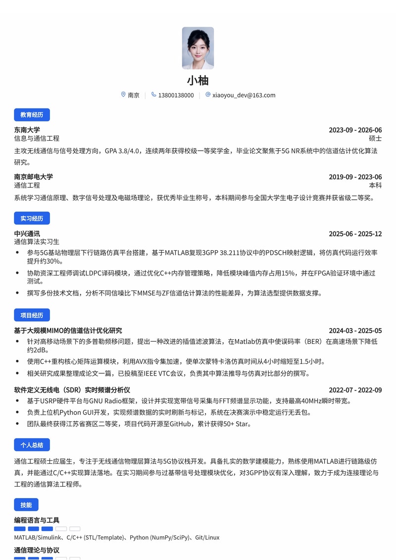 通信算法工程师简历模板(电子/半导体/通信校招)简历模板预览