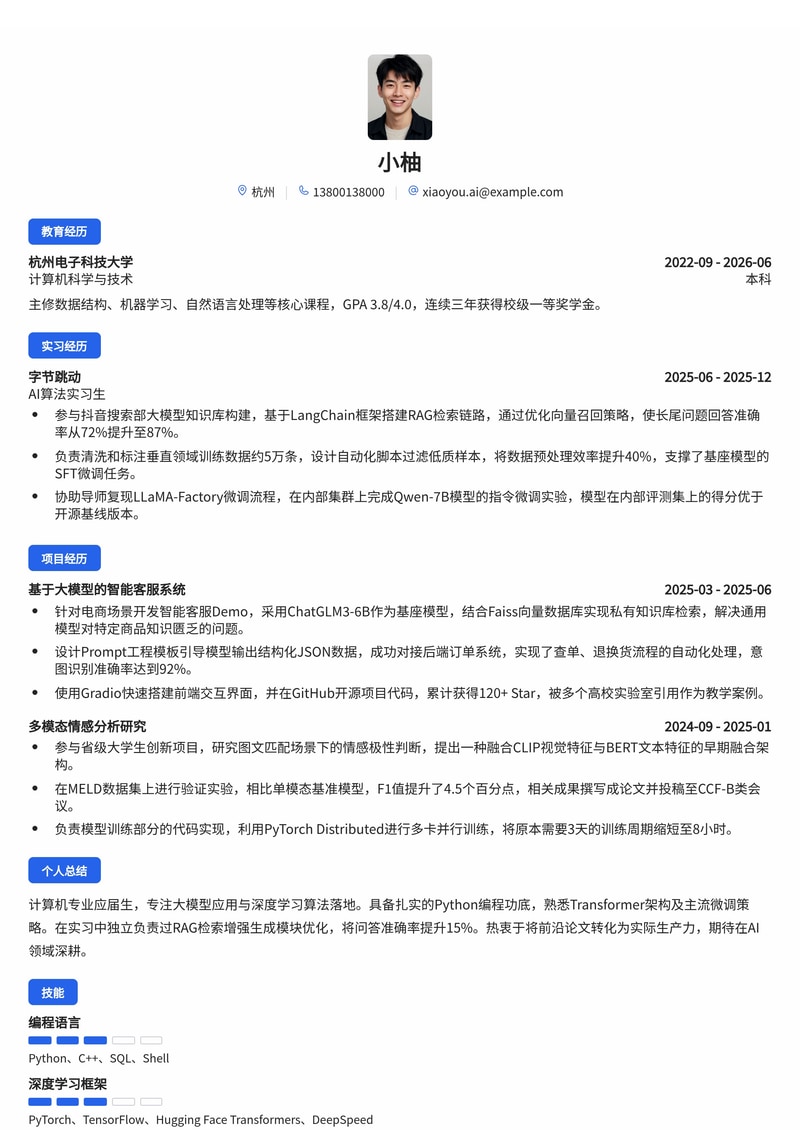 AI算法工程师简历模板(互联网/人工智能校招)简历模板预览