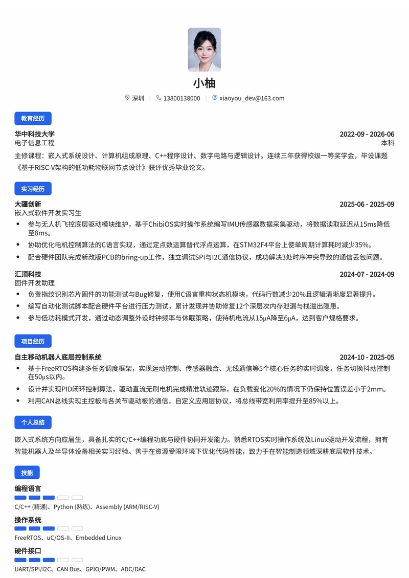 嵌入式底层软件开发工程师简历模板(电子半导体智能制造机器人校招)简历模板预览