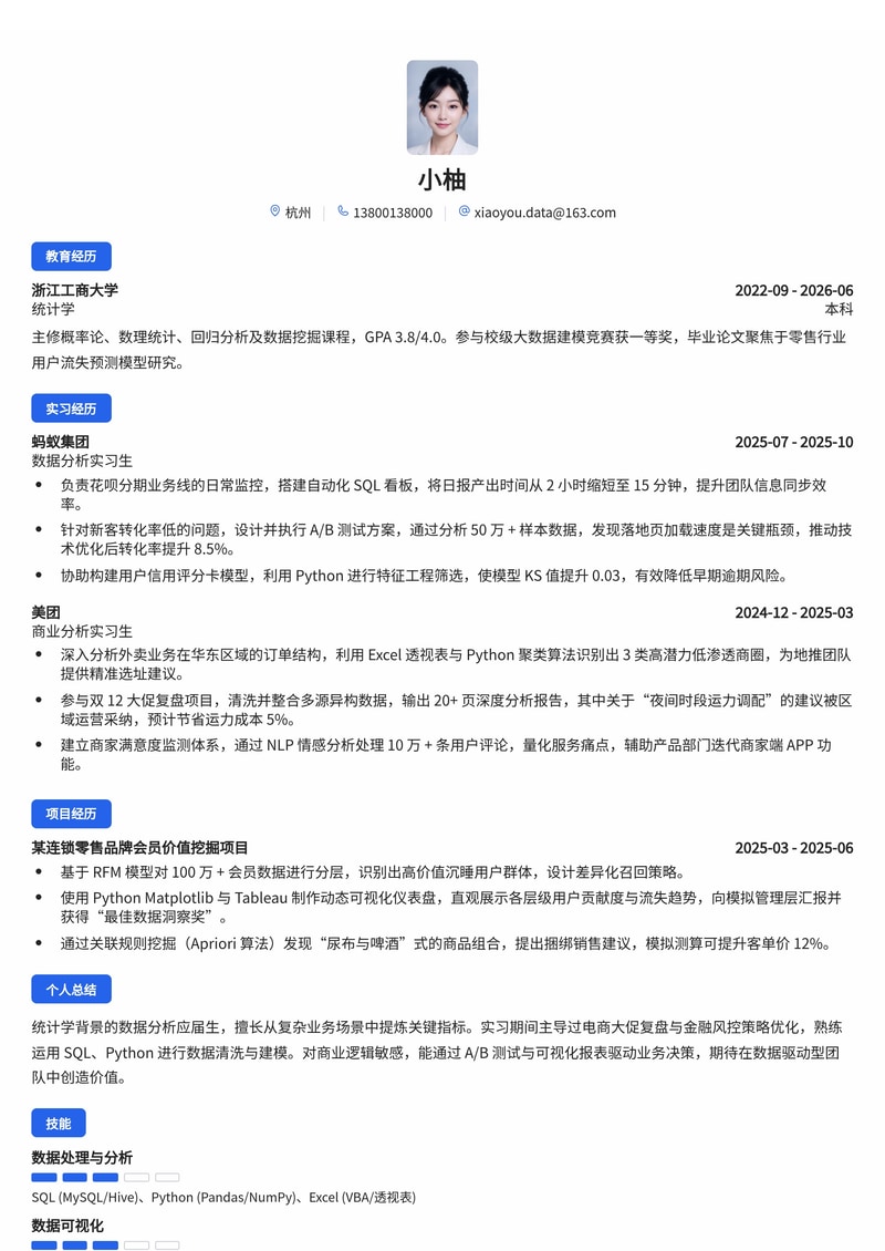 数据分析师（商业/策略方向）校招简历模板 - 互联网/金融/零售通用简历模板预览