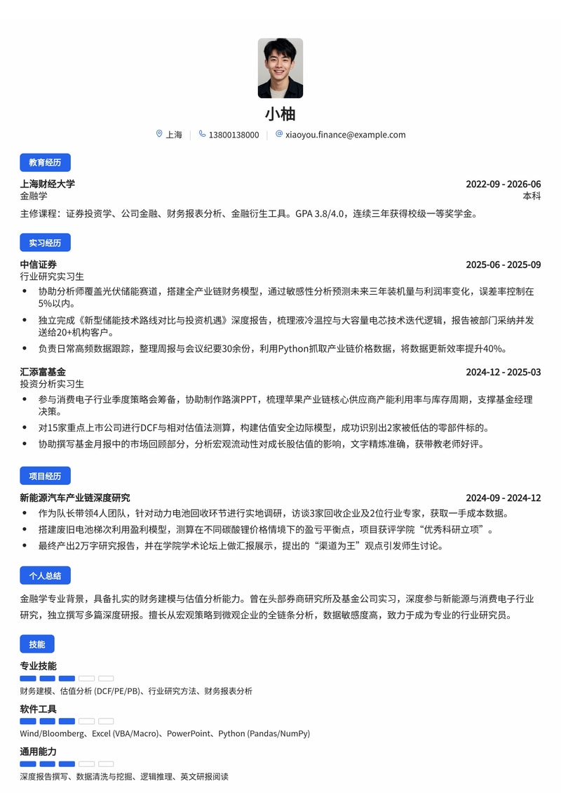 投资分析/行业研究员简历模板(金融/证券/基金校招)简历模板预览