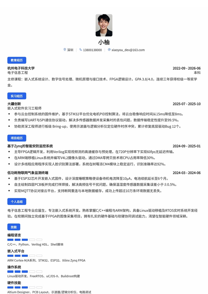 嵌入式软件开发工程师简历模板(电子/半导体/智能硬件校招)简历模板预览