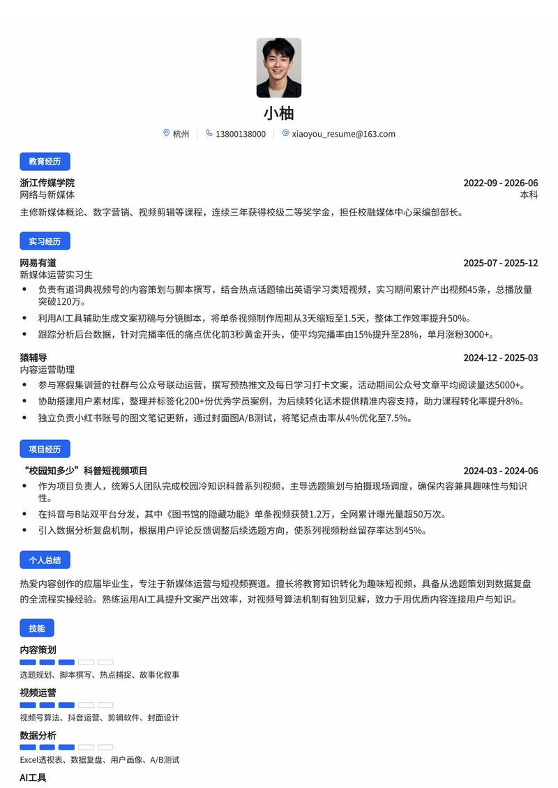 新媒体运营简历模板(互联网/教育培训校招)简历模板预览