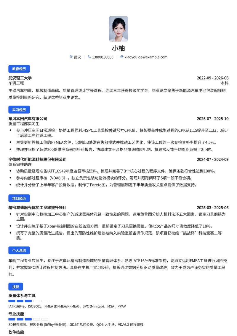 质量管理工程师简历模板（汽车/精密制造校招）简历模板预览