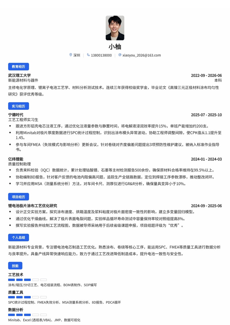 工艺工程师简历模板（新能源/锂电池制造校招）简历模板预览