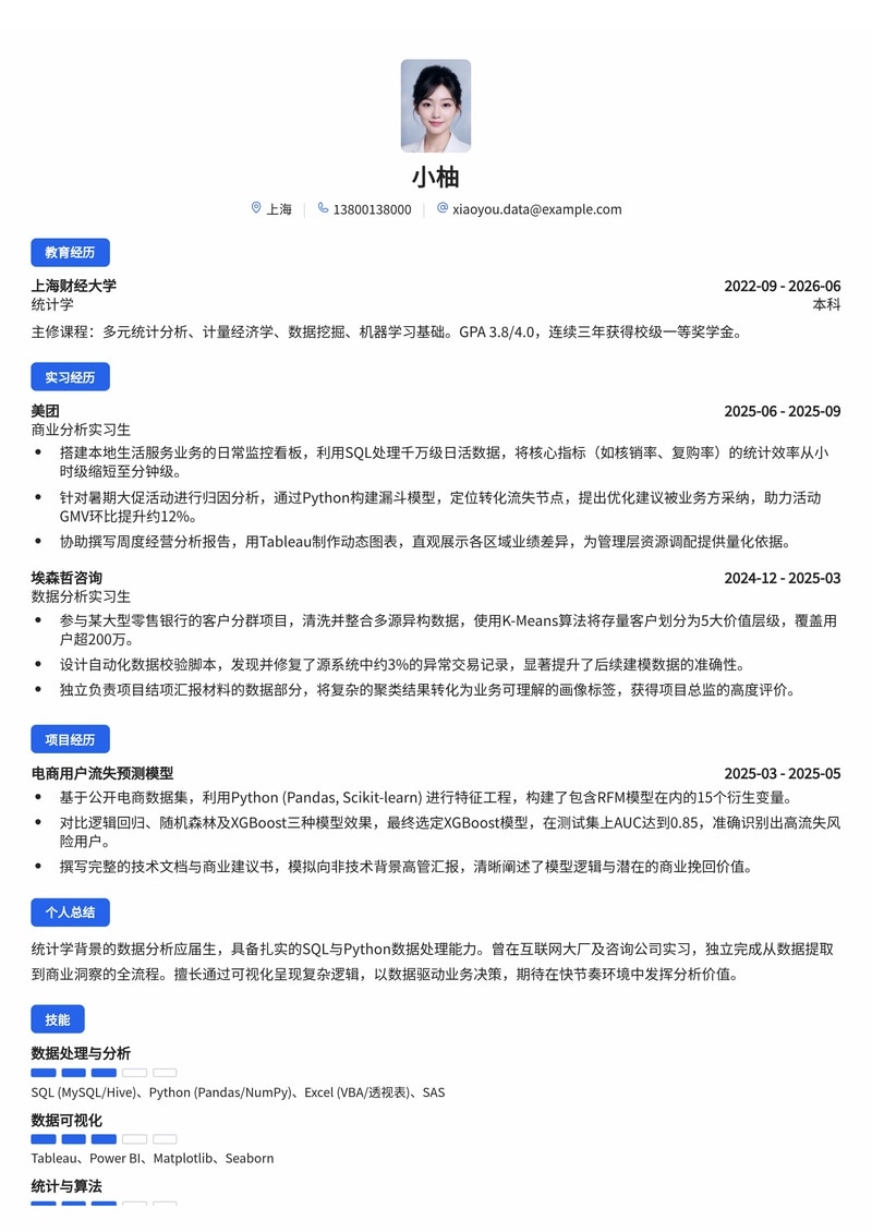 数据分析师/商业分析师简历模板（咨询/互联网/金融校招）简历模板预览