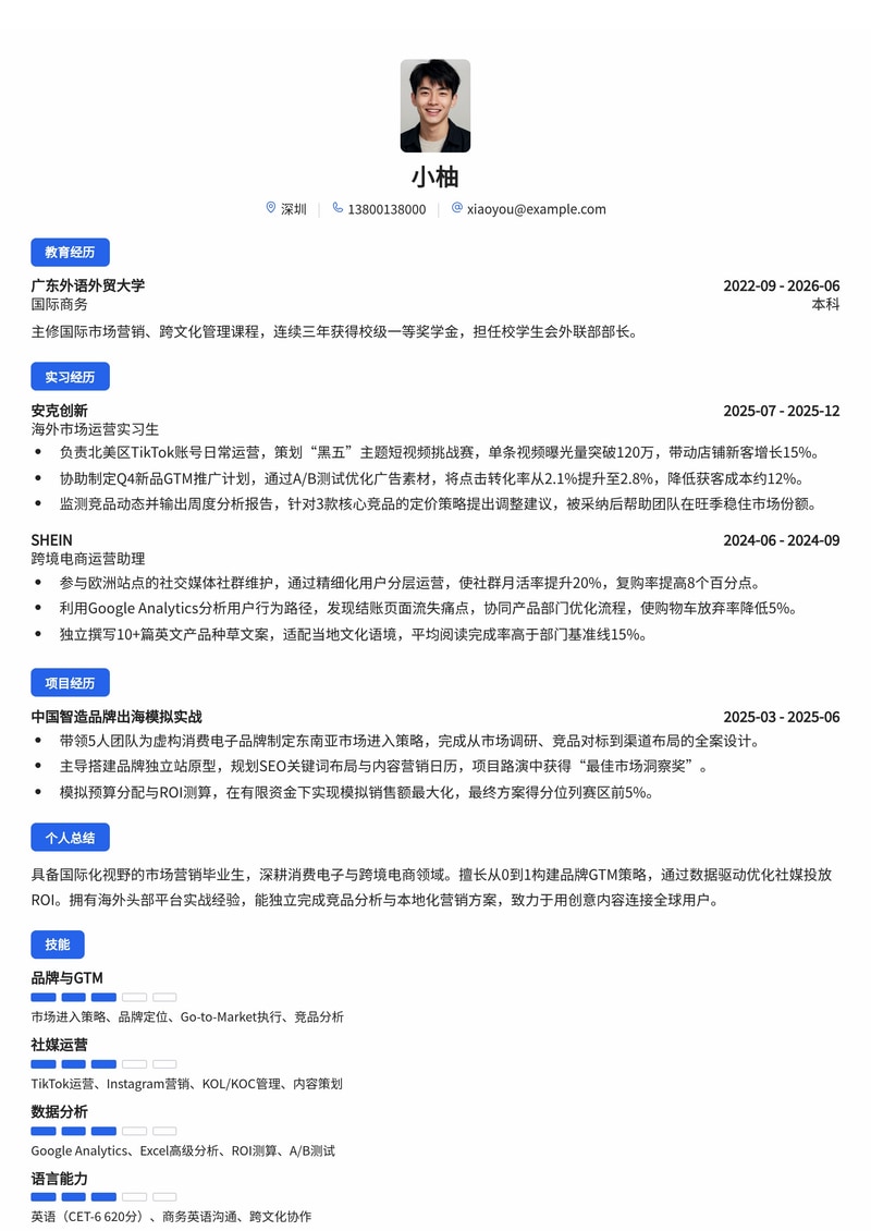 海外市场运营经理简历模板(消费电子/跨境电商校招)简历模板预览