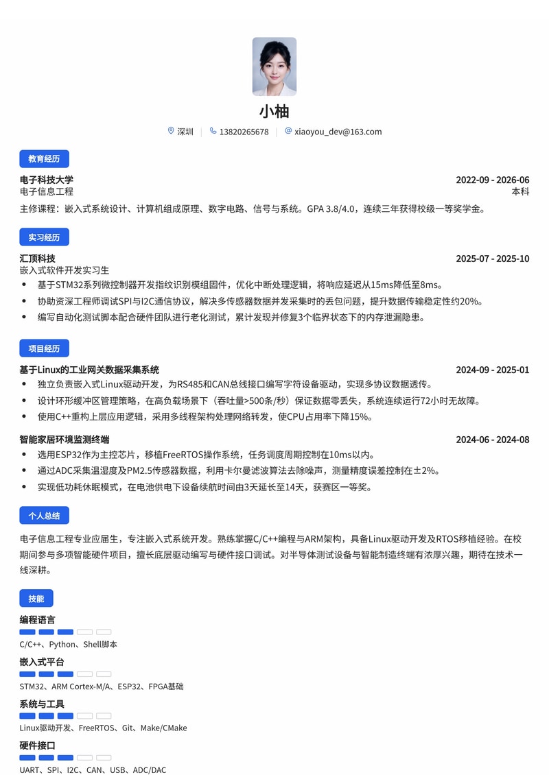 嵌入式软件工程师简历模板（电子/半导体/智能制造校招）简历模板预览