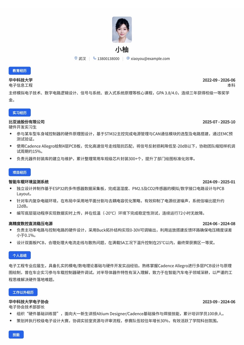 嵌入式/硬件工程师简历模板(电子/半导体/汽车校招)简历模板预览