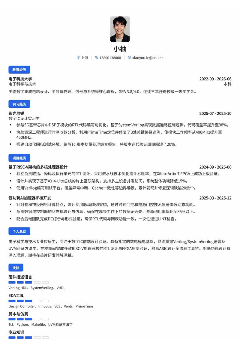 数字IC设计工程师简历模板(电子/半导体校招)简历模板预览