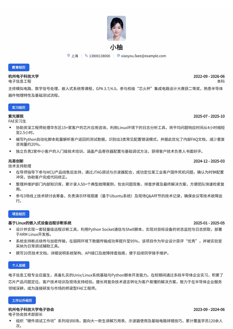 技术支持工程师（FAE）简历模板 - 半导体/企业服务校招专用简历模板预览