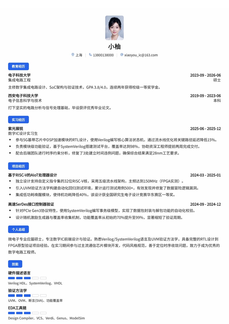 数字IC设计验证工程师简历模板-电子半导体校招专用简历模板预览