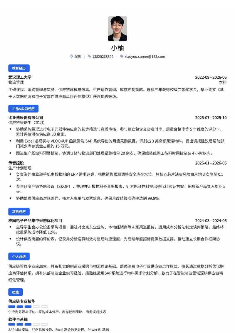 供应链/采购管理管培生简历模板（制造业/消费电子校招）简历模板预览