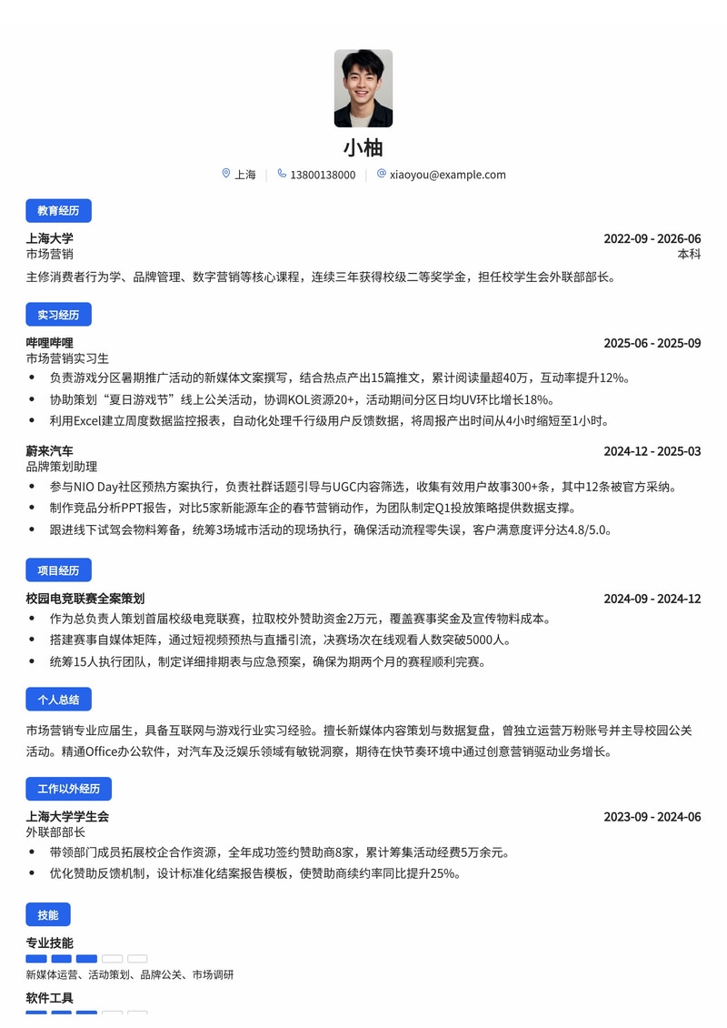 市场营销策划简历模板(互联网/游戏/汽车校招)简历模板预览